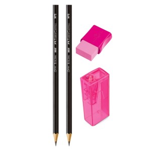 Kit Borracha + Apontador com Depósito Rosa Neon + 2 Lápis Grafite - Faber-Castell
