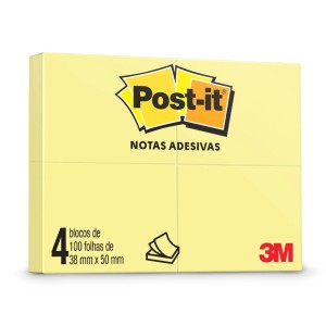 Bloco Notas Adesivas Post-it Amarelo 38 mm x 50 mm 4 Blocos 100 Folhas - 3M